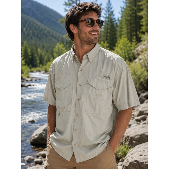Columbia Other - COLUMBIA PFG Men's Medium Khacki Beige Short Sleeve Fishing Shirt Vented  -1109